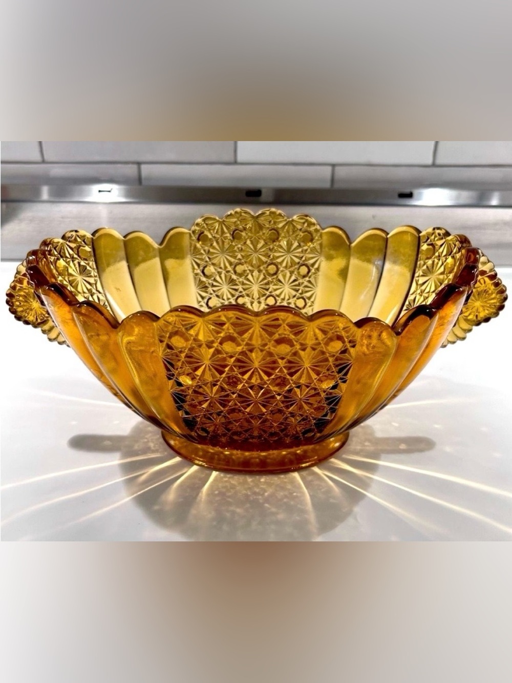Vintage Indiana Glass Amber Daisy & Button Handled Bowl • Scalloped Serving Dish